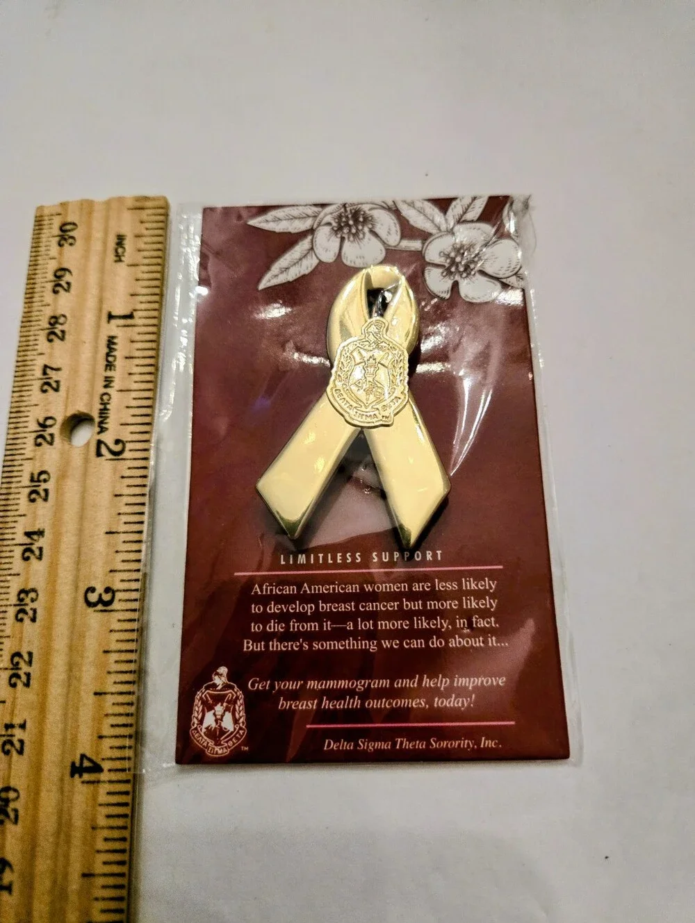 Delta Sigma Theta Cancer Awareness Support Pin Goldtone NEW